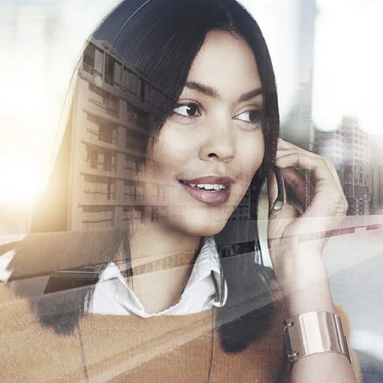 Woman working, with headset on