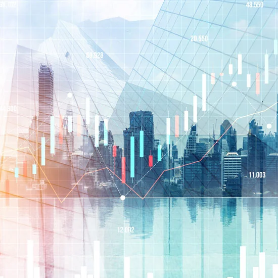 Resources City skyline, overlayed with a digital chart