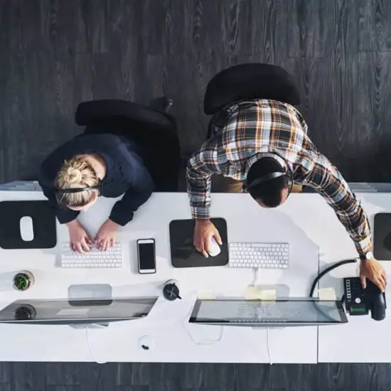 overhead view of employees working