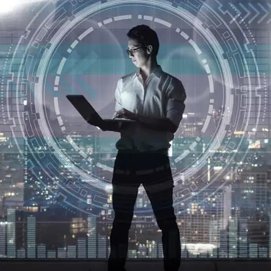 abstract image of man standing with laptop digital graphics
