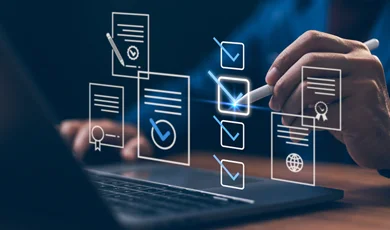 businessman writing or tick correct mark to approve document and project concept