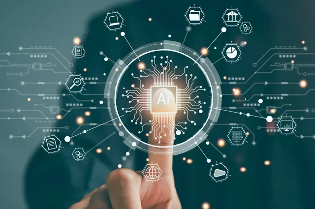 Businessman Finger on capabilities of AI Businessman Finger on capabilities of AI
