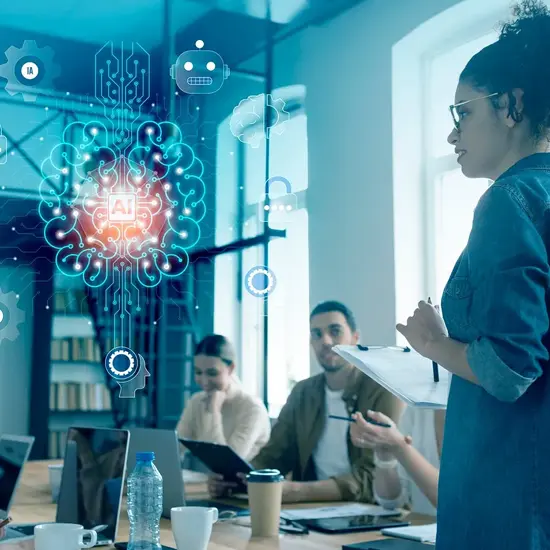 Abstract image of a female team leader presenting an AI platform