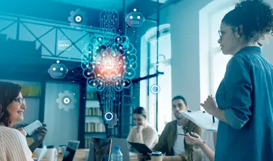 Abstract image of a female team leader presenting an AI platform
