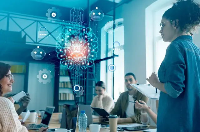 Abstract image of a female team leader presenting an AI platform Abstract image of a female team leader presenting an AI platform
