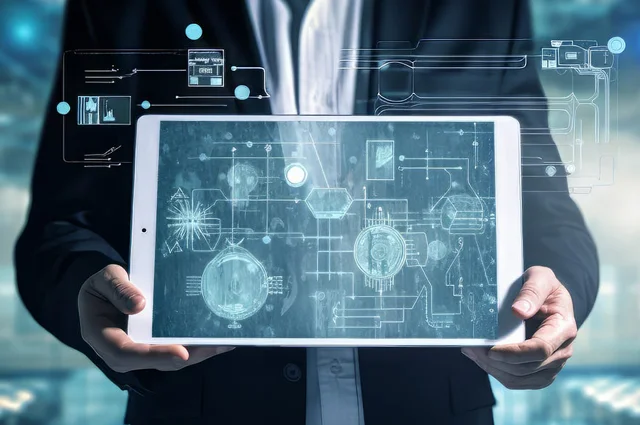 abstract businessman holding tablet with virtual schematic and 3d data abstract businessman holding tablet with virtual schematic and 3d data