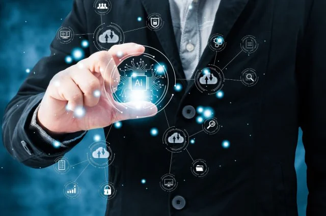 abstract businessman holding ai and all it controls in his hand abstract businessman holding ai and all it controls in his hand