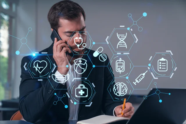 abstract businessman on the phone taking notes virtual representation of mdeical options abstract businessman on the phone taking notes virtual representation of mdeical options