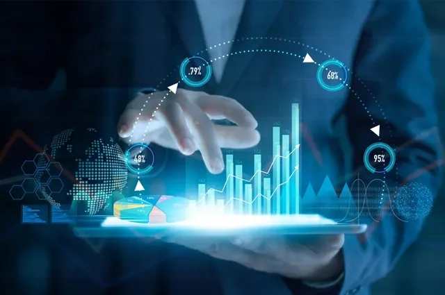 abstract businessman using tablet with virtual 3d graphs and data abstract businessman using tablet with virtual 3d graphs and data