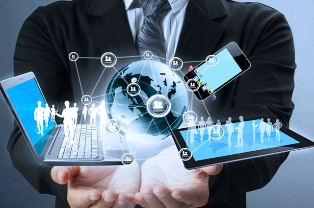 abstract businessman with laptop phone and tablet the digital world in his hands