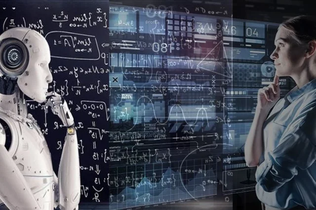 abstract female engineer reviewing calculations with ai