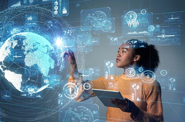 abstract woman using virtual interface to analyze and complete tasks