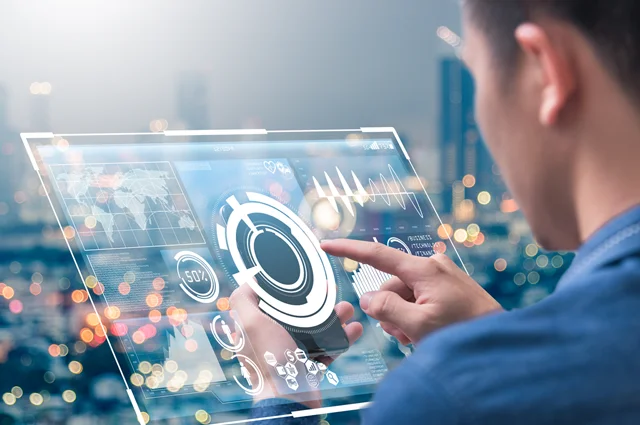 business man pointing to an abstract digital interface on his smartphone