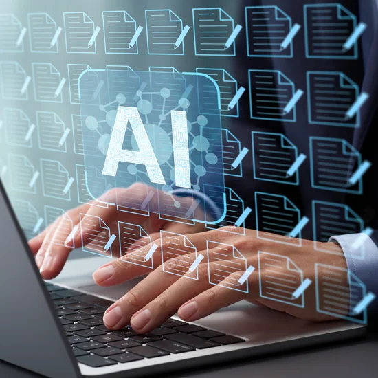 business professional using AI to evaluate documents and papers