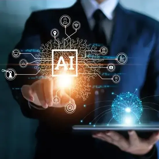 businessman finger on pulse of ai with tablet