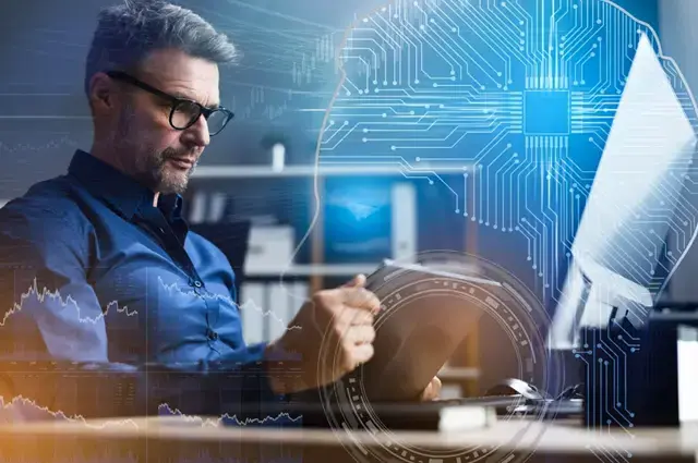 Businessman reviewing AI in Insurance integration Businessman reviewing AI in Insurance integration