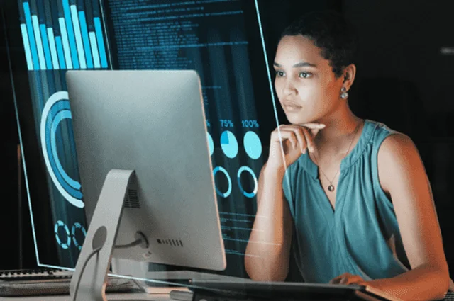 Woman reviewing software and providing an evaluation Woman reviewing software and providing an evaluation