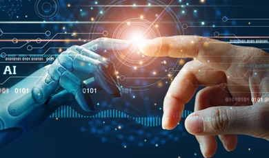 AI, Machine learning, Hands of robot and human touching on big data network connection background