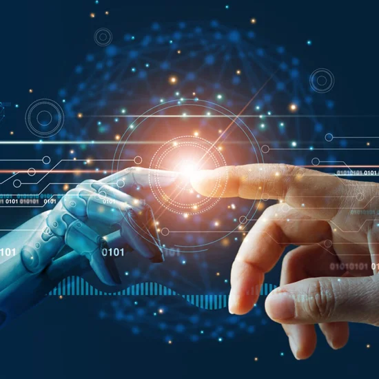 AI, Machine learning, Hands of robot and human touching on big data network connection background