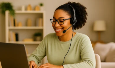 young woman virtual assistant with headset working on laptop
