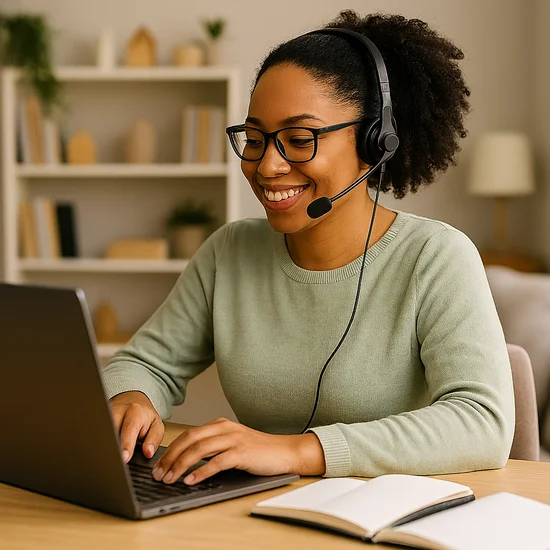 young woman virtual assistant with headset working on laptop