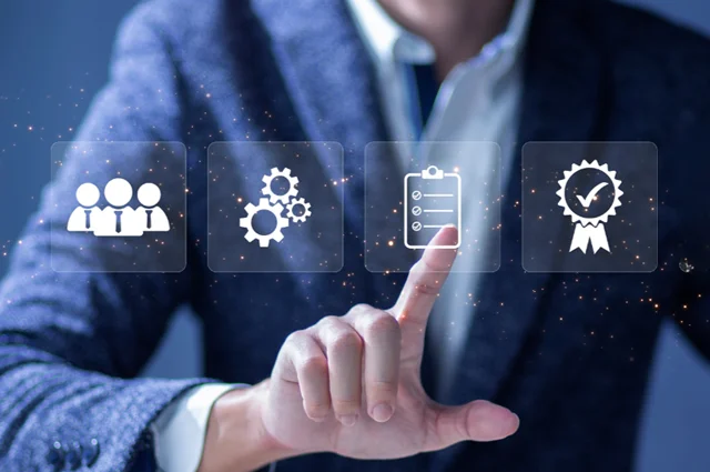 businessman touching virtual screen icons, certificate of insurance process