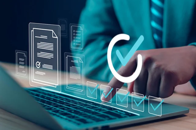 businessman using a laptop. with digital forms and checklists