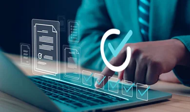 businessman using a laptop. with digital forms and checklists