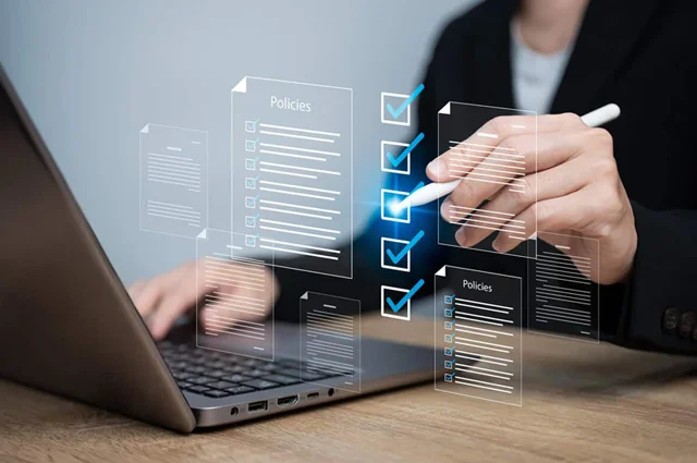 businesswomen checking on digital documents, check steps through policies, certifications