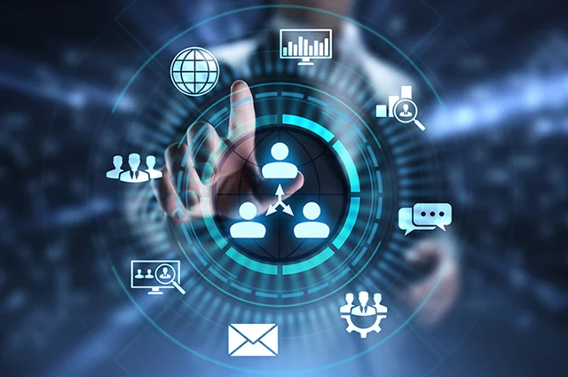 data management services abstract with icons and hand in the background making a selection
