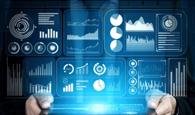 data management services abstract with virtual dashboards over a tablet