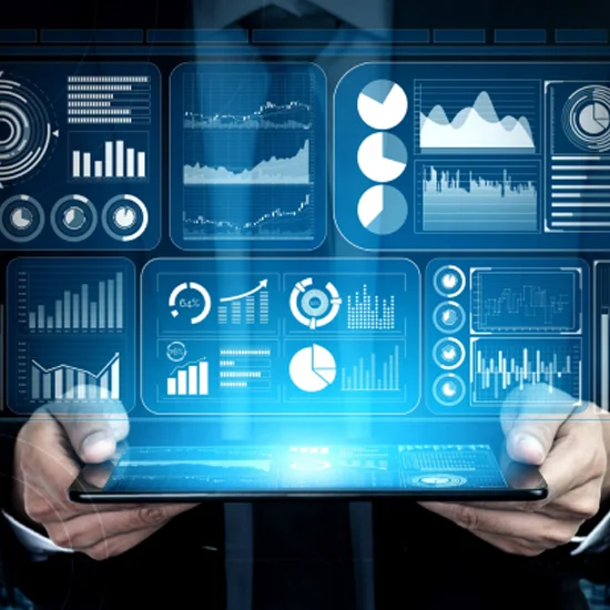 data management services abstract with virtual dashboards over a tablet