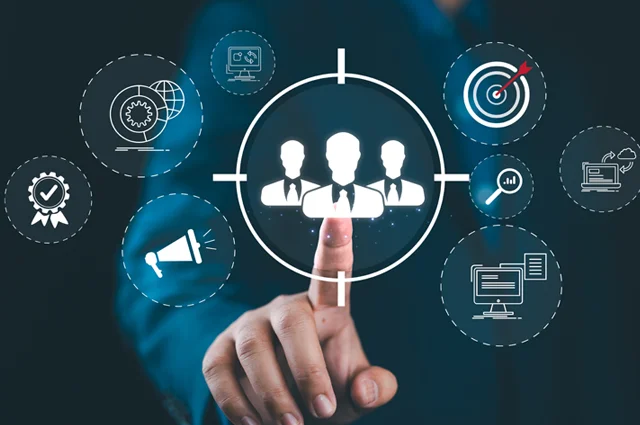 Digital marketing targeting concept businessman icons represent targeting customer engagement global reach