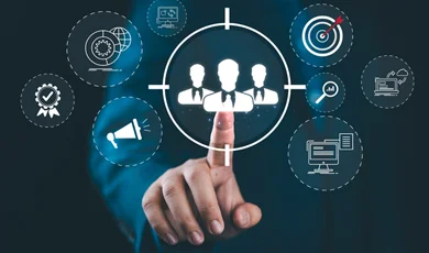 Digital marketing targeting concept businessman icons represent targeting customer engagement global reach