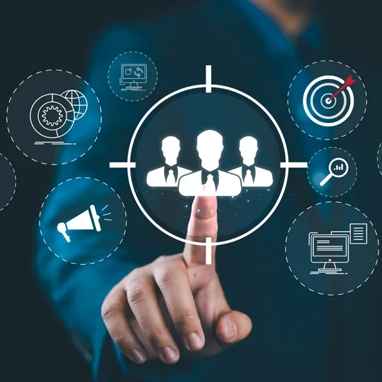 Digital marketing targeting concept businessman icons represent targeting customer engagement global reach