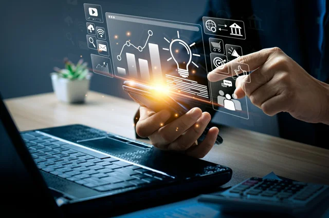 management abstract with virtual dashboard over a laptop with mobile and user