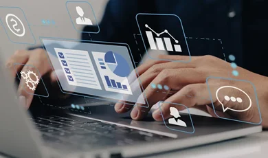 businessman using digital interface showing operational management and tech stack