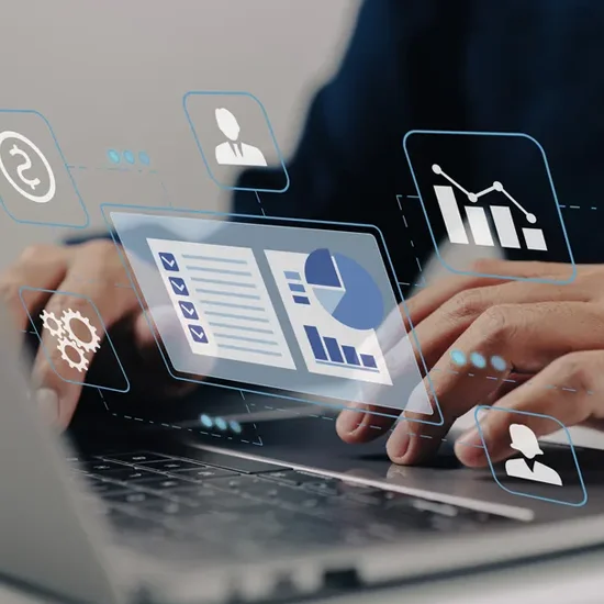 businessman using digital interface showing operational management and tech stack