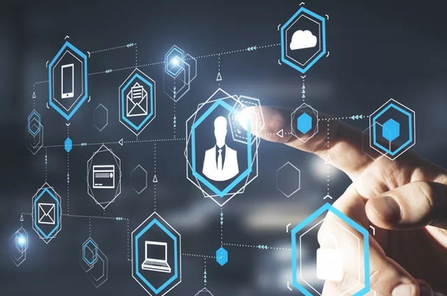 hand pushing online computer cloud gologram with tech stack