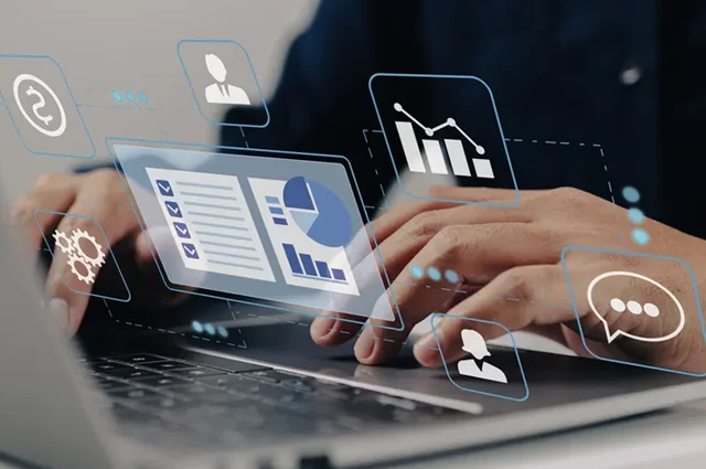 Businessman using a digital interface showing operational management and technology stack